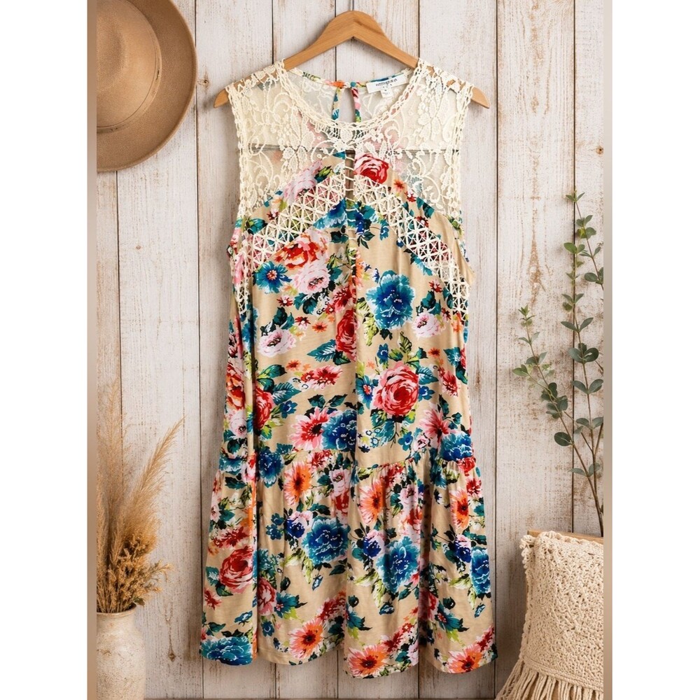 Umgee Floral Lace Fringed Baby Doll Top Small